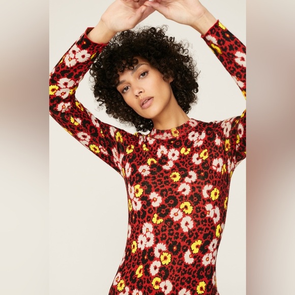 New! The Kooples Floral Knit Long Sleeve Maxi Dress Red, Yellow, Black 🌻 Small - Picture 5 of 13
